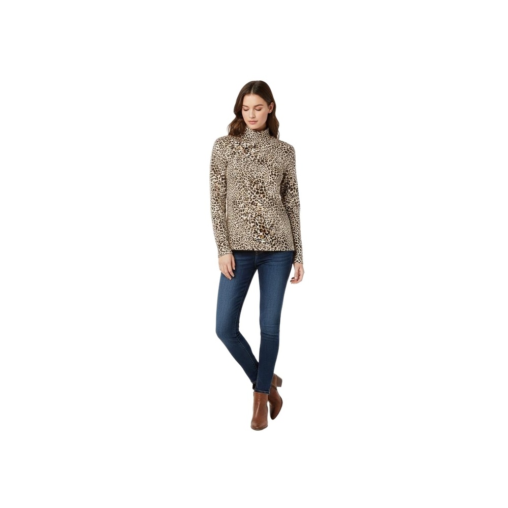 LANDS' END Brown Beige Leopard Print Long Sleeve Turtleneck Chic Top Size S